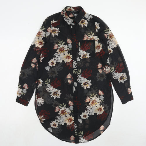 New Look Womens Black Floral Polyester Tunic Button-Up Size 10 Collared
