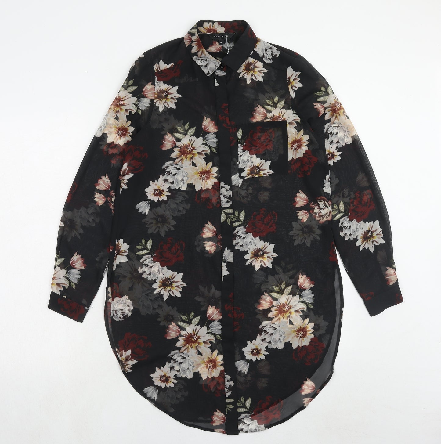 New Look Womens Black Floral Polyester Tunic Button-Up Size 10 Collared