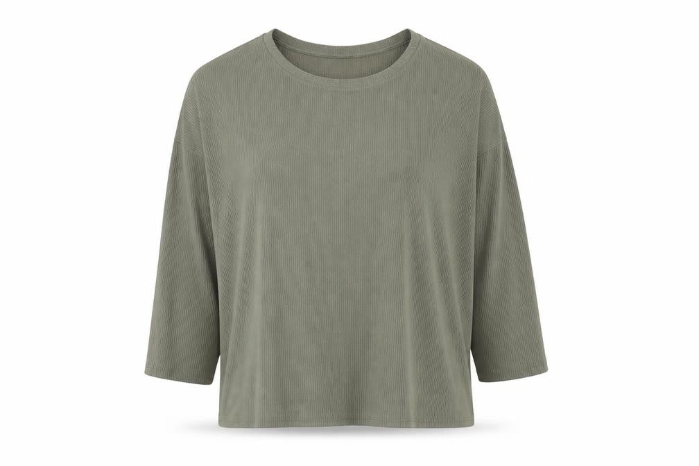 Front view of Miss Selfridge women’s green polyester basic t-shirt, size M, round neck