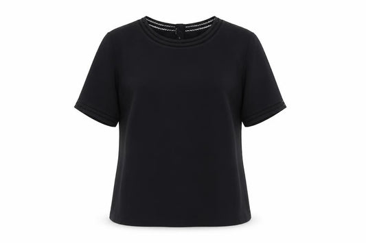 Front view of Annie Brooks women’s black polyester basic t-shirt, size UK 8, round neck