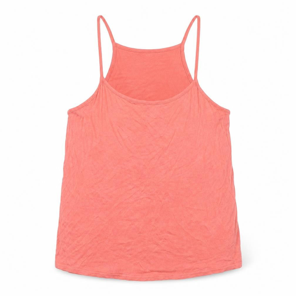 Front view of Topshop women’s pink viscose basic tank, size UK 10, round neck