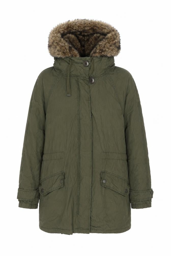 Front view of Topshop women’s green parka coat, size UK 6, zip