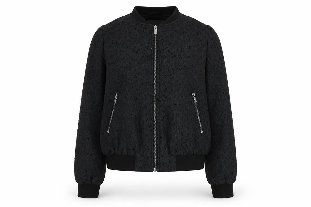Front view of H&M women’s blue bomber jacket jacket, size UK 8, zip