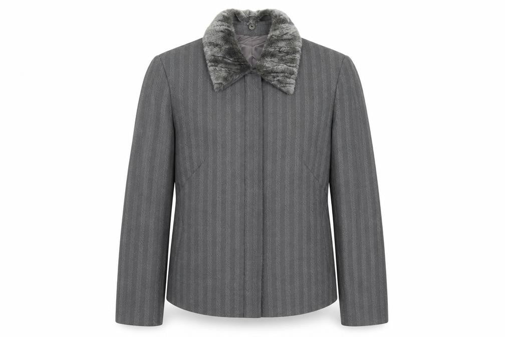 Front view of Max Pierre women’s grey striped wool jacket suit jacket, size UK 14