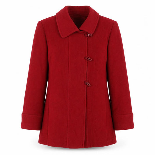 Front view of EWM women’s red jacket, size UK 14, toggle