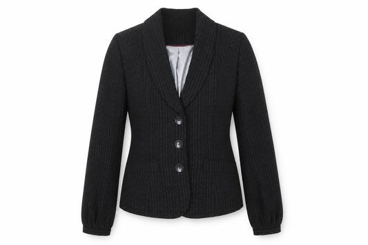 Front view of Next women’s black geometric jacket blazer, size UK 10, button