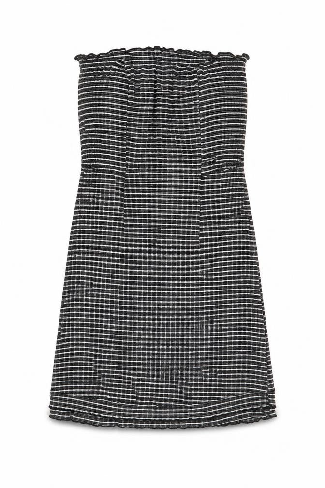 Front view of Topshop women’s black striped polyester mini, size UK 10, square neck zip