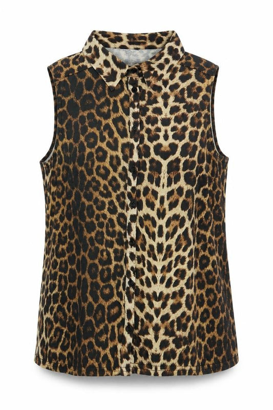 Front view of New Look women’s brown animal print polyester basic button-up, size UK 12, collared - leopard pattern