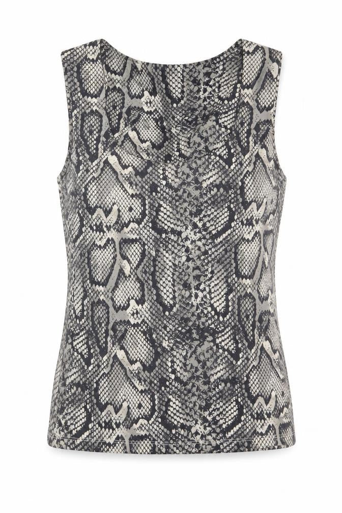 Front view of Zara women’s grey animal print polyester basic tank, size L, round neck - snakeskin pattern