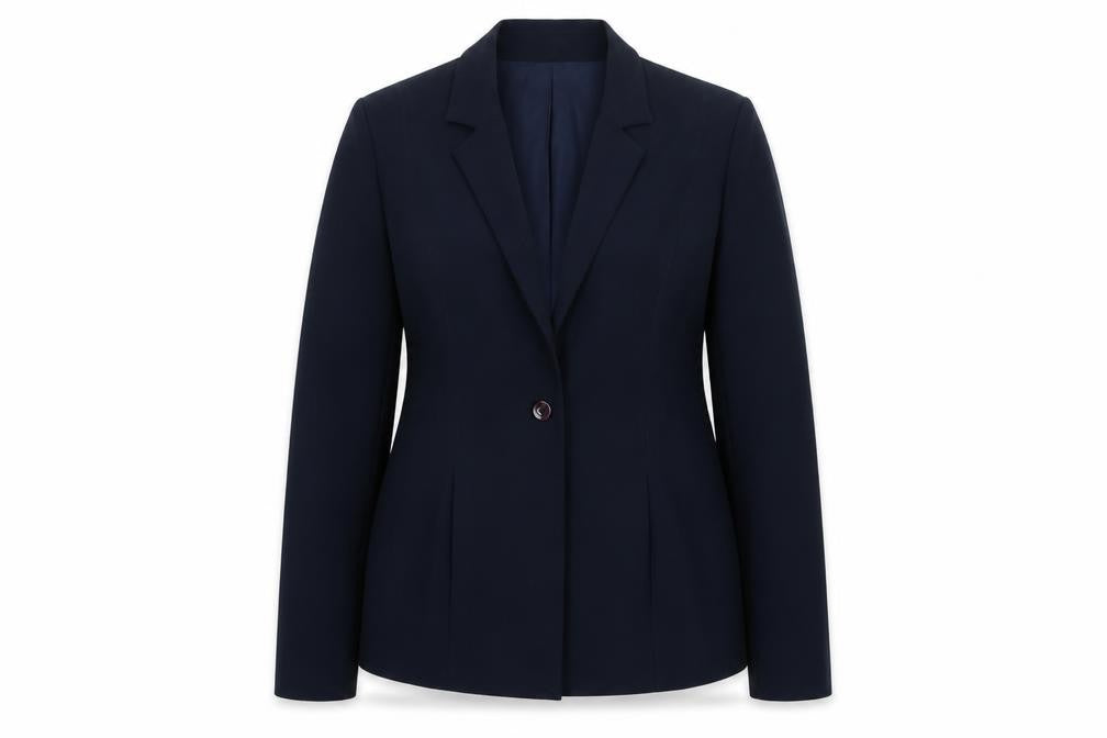 Front view of Peuvie women’s blue polyester jacket suit jacket, size UK 14
