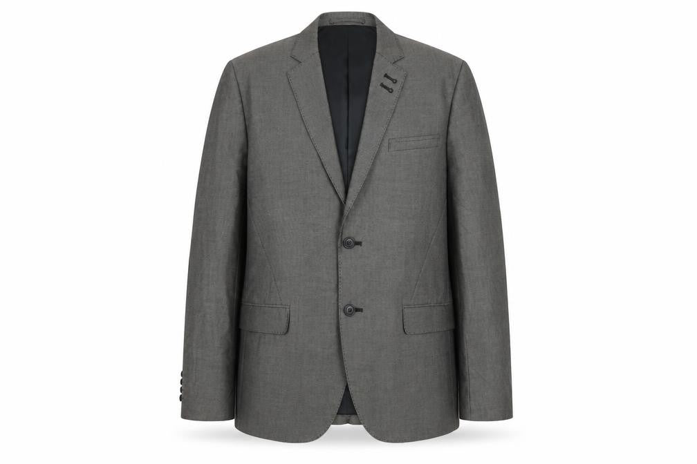 Front view of H&M men’s grey geometric cotton jacket suit jacket, size L, regular