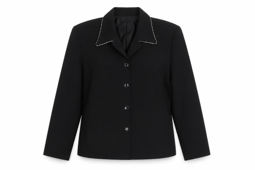 Front view of Lakeland women’s black polyester jacket blazer, size UK 14