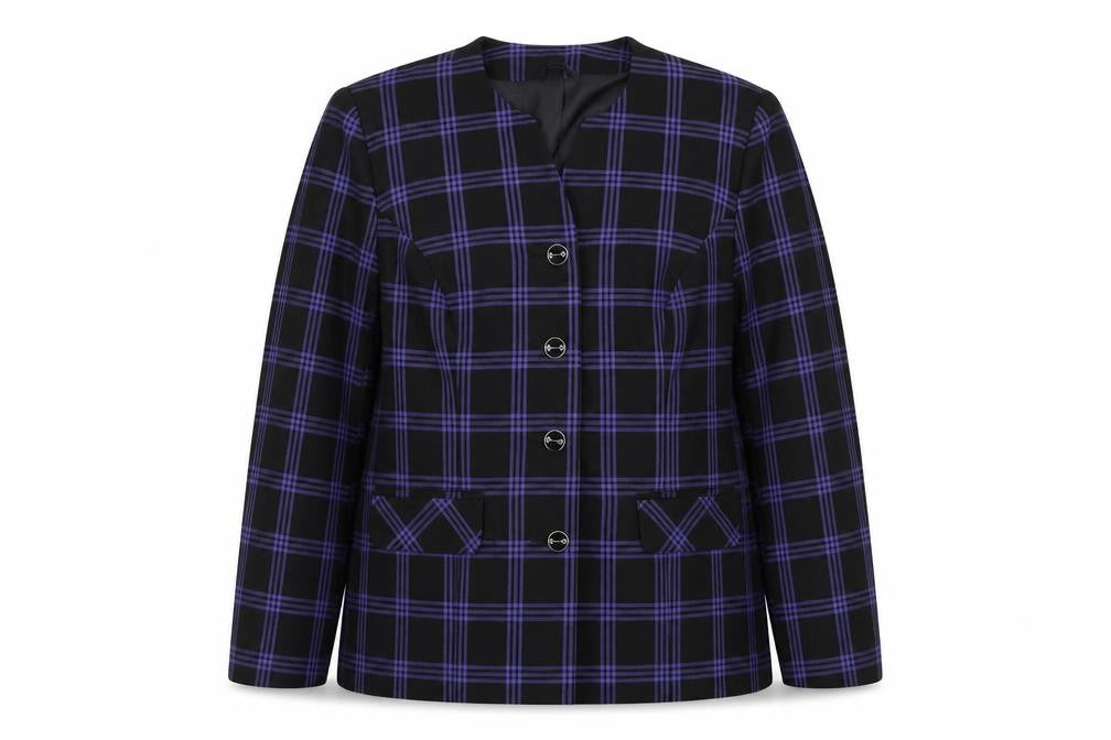 Front view of Hamells women’s blue plaid polyester jacket blazer, size UK 16