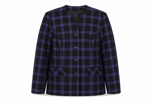 Front view of Hamells women’s blue plaid polyester jacket blazer, size UK 16