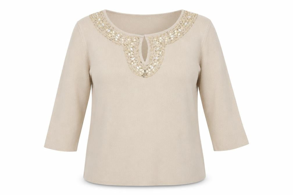 Front view of Gray & Osbourn women’s beige scoop neck viscose jumper, size UK 14
