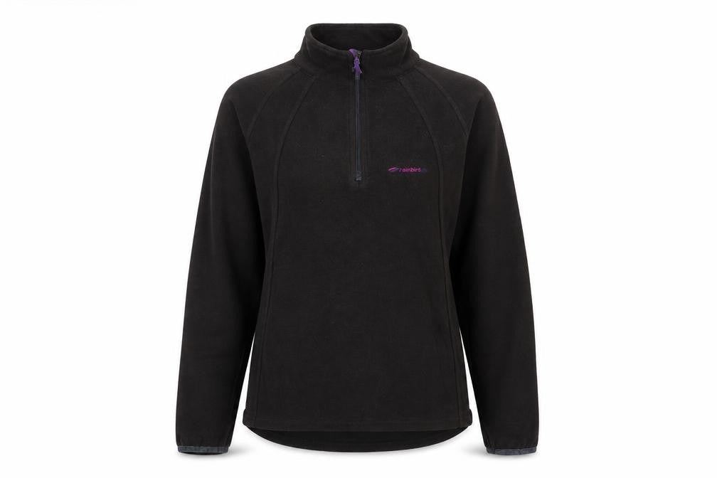 Front view of Mountain Life women’s black polyester pullover sweatshirt, size UK 10, zip
