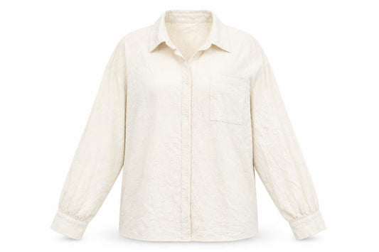 Front view of PRETTYLITTLETHING women’s beige polyester basic button-up, size UK 12, collared