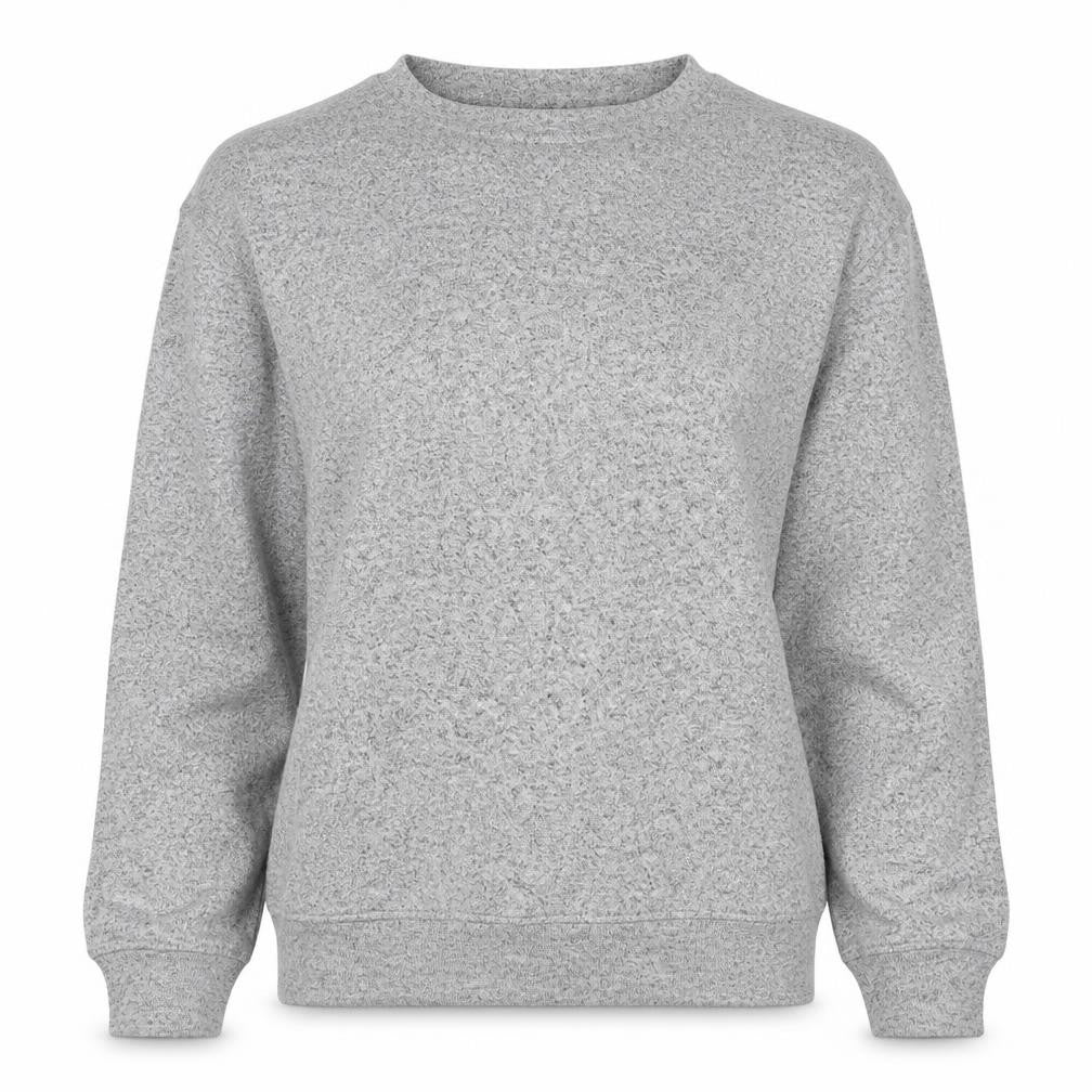 Front view of Golddigga women’s grey round neck viscose jumper, size UK 10