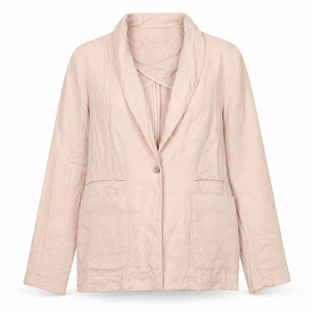 Front view of Uttam Boutique women’s beige jacket blazer, size UK 12, button