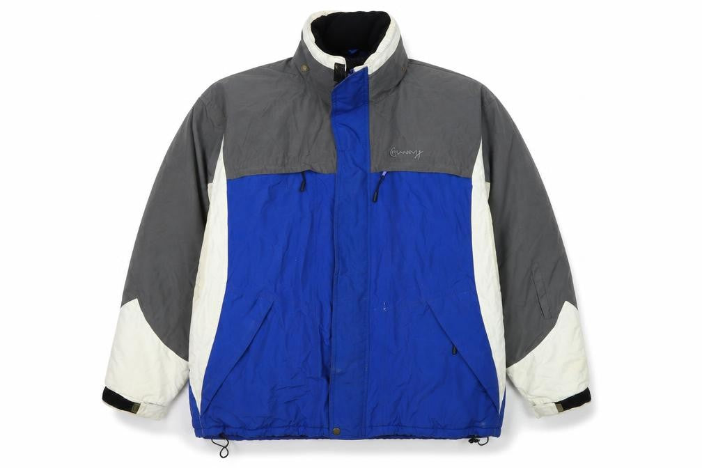 Front view of Chamonix men’s blue windbreaker coat, size XL, zip - colourblock