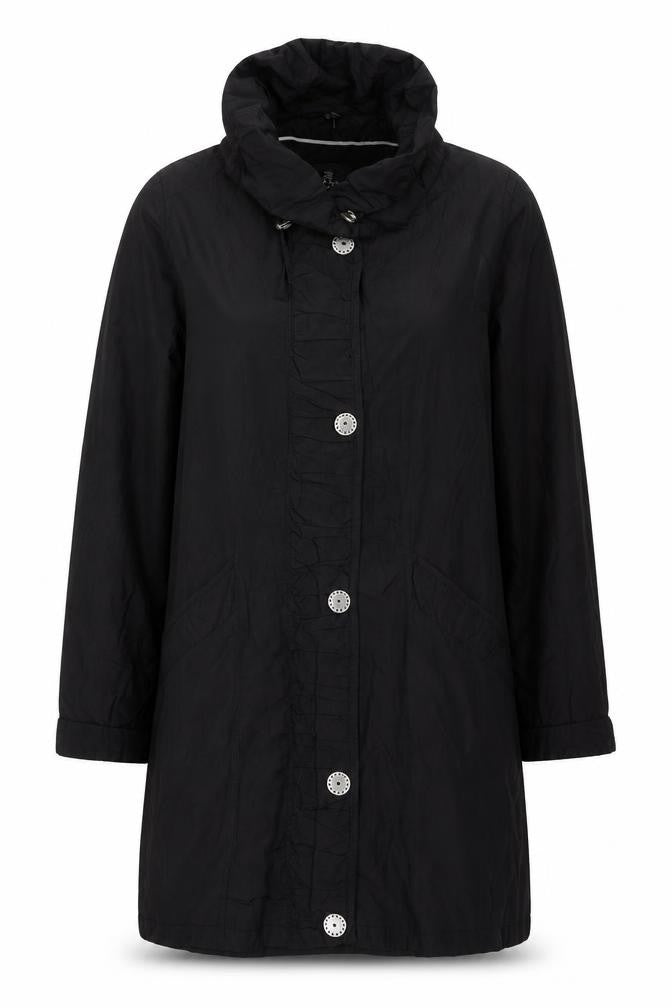Front view of Barbara Lebek women’s black overcoat coat, size UK 10, zip