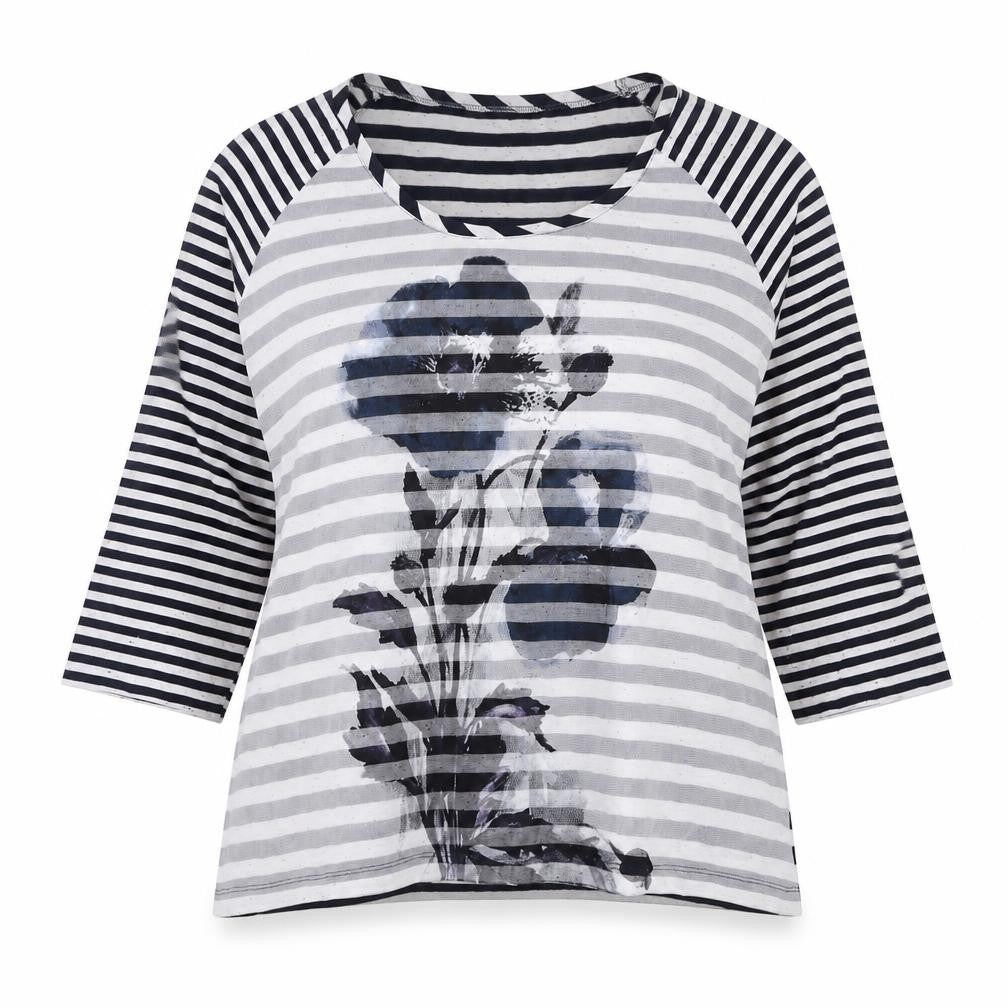 Front view of Per Una women’s multicoloured striped viscose basic blouse, size UK 16, round neck - flower print