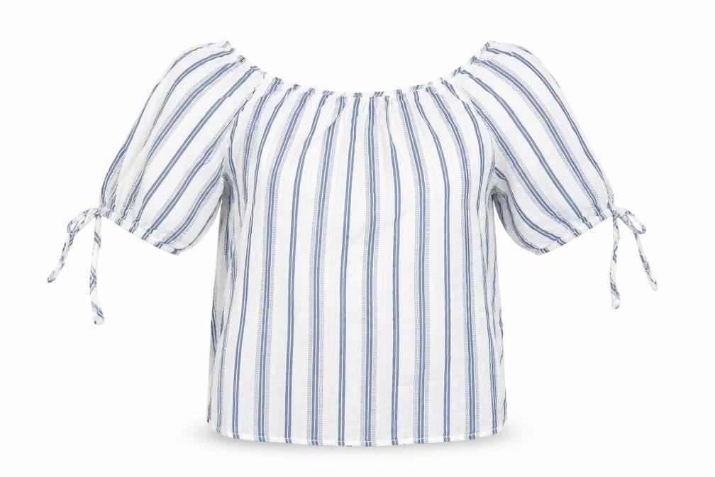 Front view of H&M women’s blue striped cotton basic blouse, size UK 6, round neck