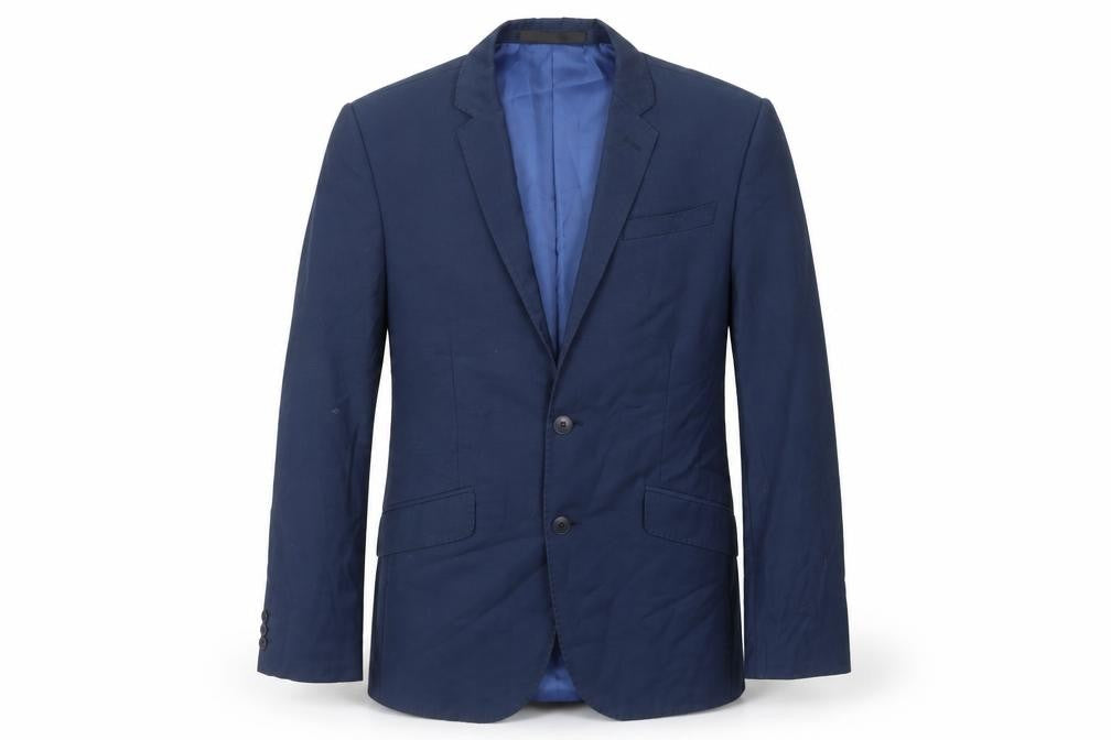 Front view of Marks & Spencer men’s blue polyester jacket suit jacket, size 38, regular
