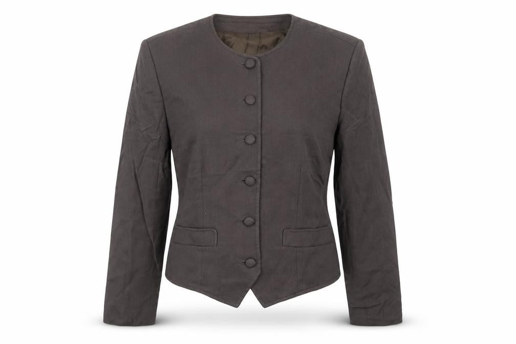 Front view of Bickler women’s grey jacket blazer, size UK 10, button