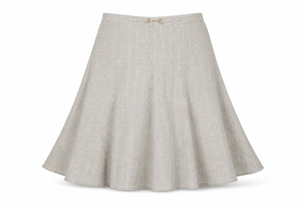Front view of Damart women’s beige striped polyester swing skirt, size UK 12