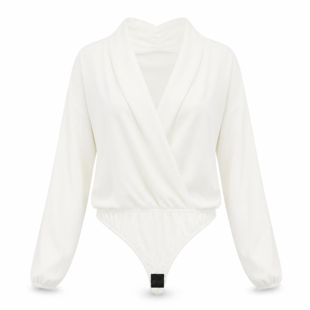 Front view of Boohoo women’s white polyester bodysuit one-piece, size UK 8, hook & eye