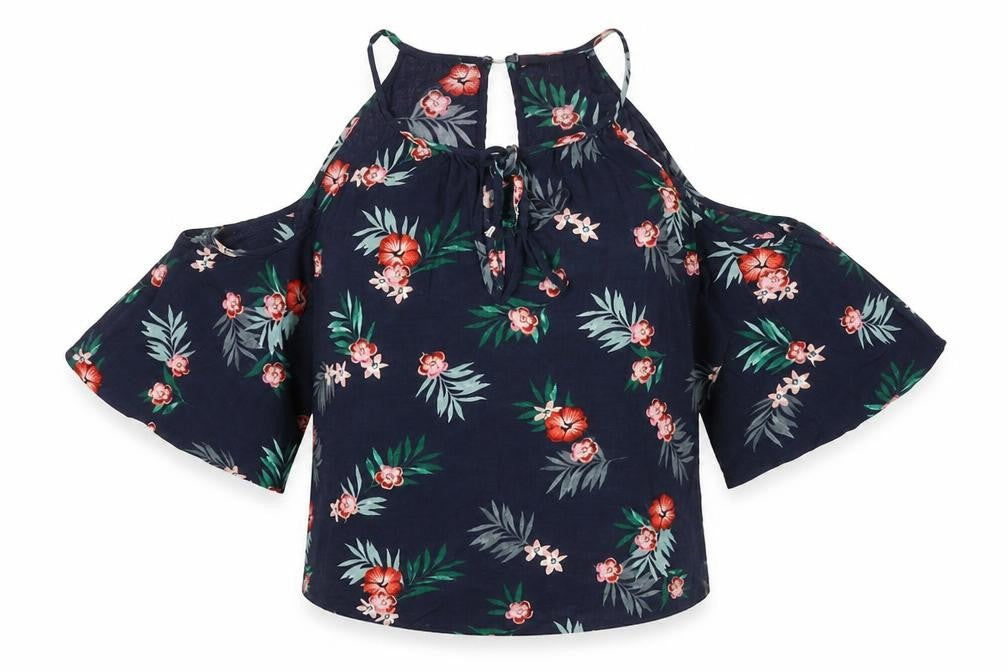 Front view of Marks & Spencer women’s blue floral viscose basic blouse, size UK 8, round neck - cold shoulder