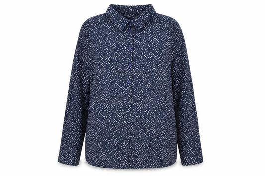 Front view of H&M women’s blue geometric 100% cotton basic button-up, size UK 12, collared