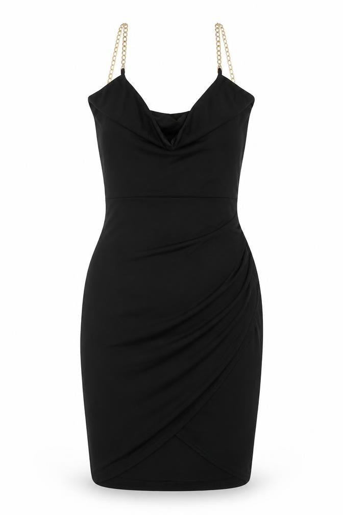 Front view of Quiz women’s black polyester bodycon, size UK 8, cowl neck pullover - chain strap