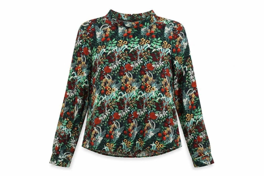 Front view of Zara women’s multicoloured floral polyester basic blouse, size XS, high neck