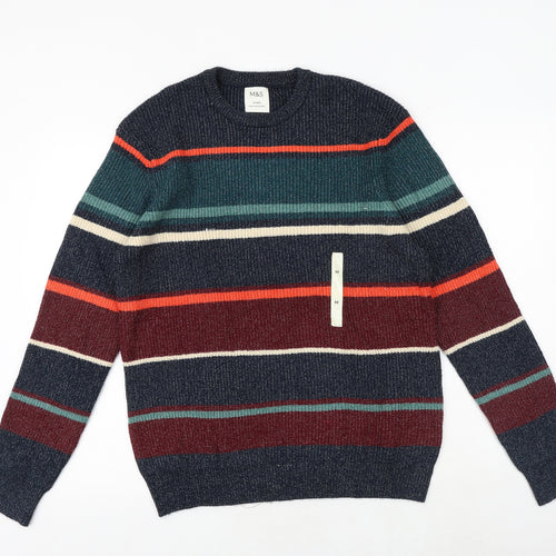 Marks and Spencer Mens Multicoloured Round Neck Striped Acrylic Pullover Jumper Size M Long Sleeve