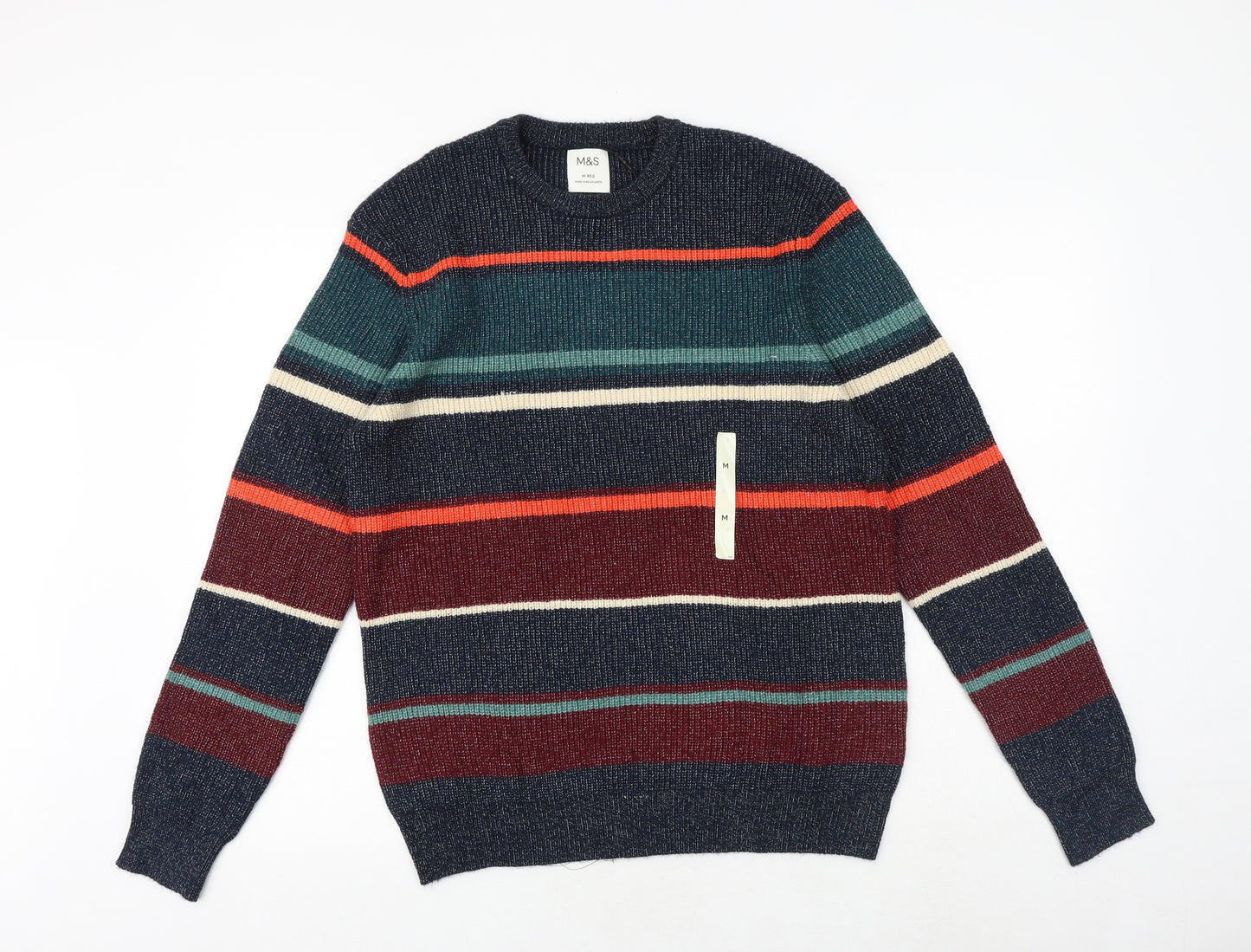 Marks and Spencer Mens Multicoloured Round Neck Striped Acrylic Pullover Jumper Size M Long Sleeve