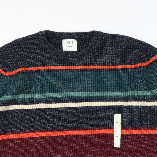 Marks and Spencer Mens Multicoloured Round Neck Striped Acrylic Pullover Jumper Size M Long Sleeve