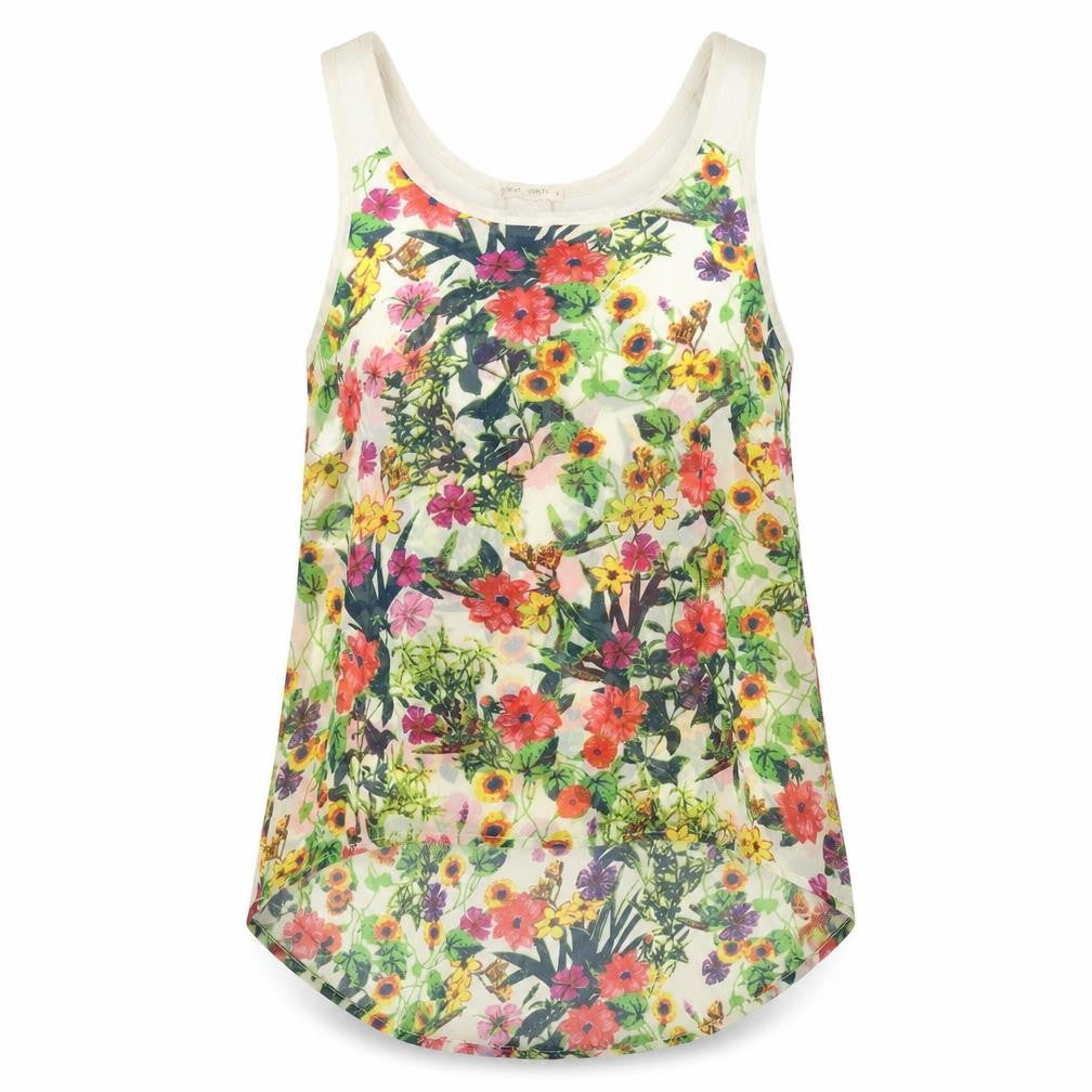 Front view of Brave Soul women’s multicoloured floral cotton basic tank, size S, scoop neck