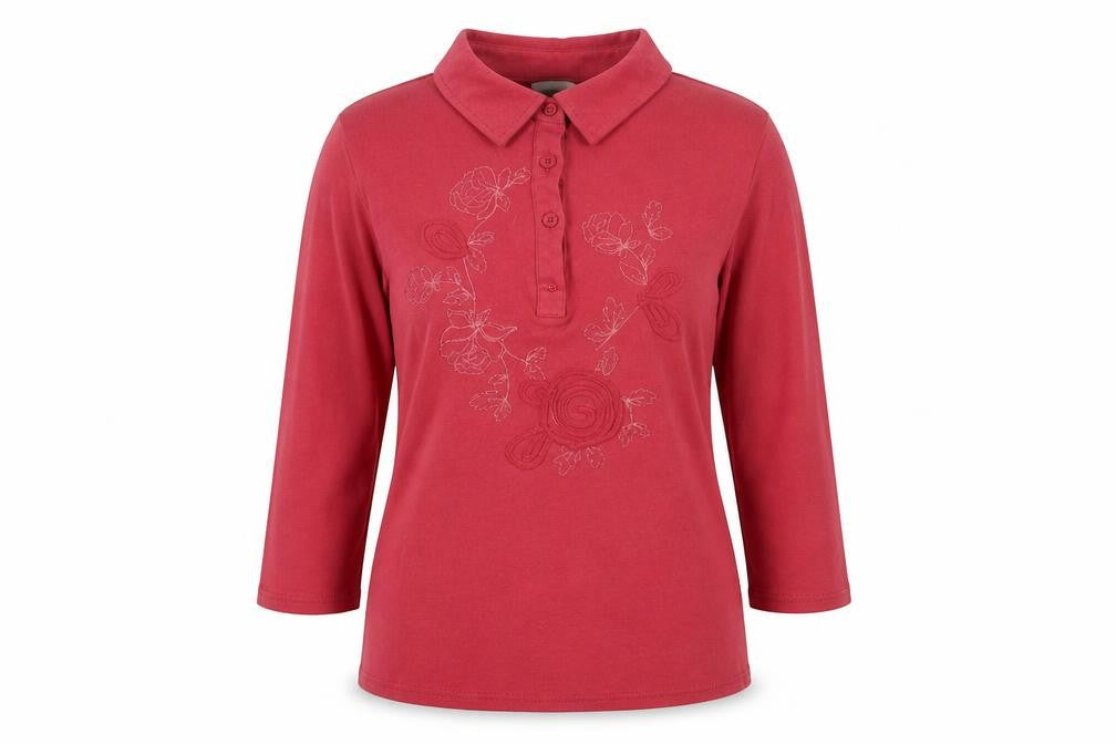 Front view of Marks & Spencer women’s red 100% cotton basic t-shirt, size UK 12, collared
