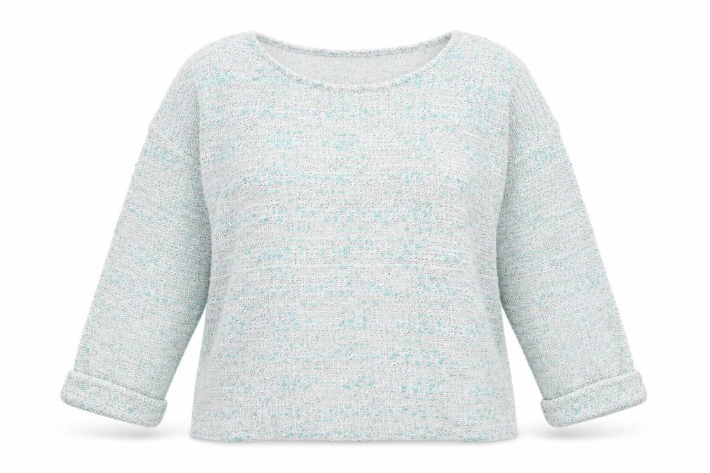 Front view of Bonmarché women’s blue round neck polyester jumper, size UK 20