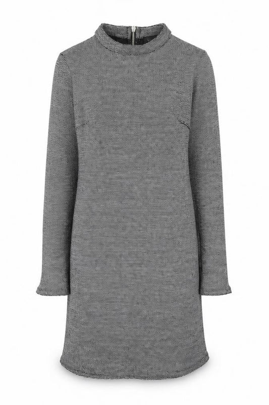 Front view of Topshop women’s silver geometric polyester shift, size UK 8, round neck zip