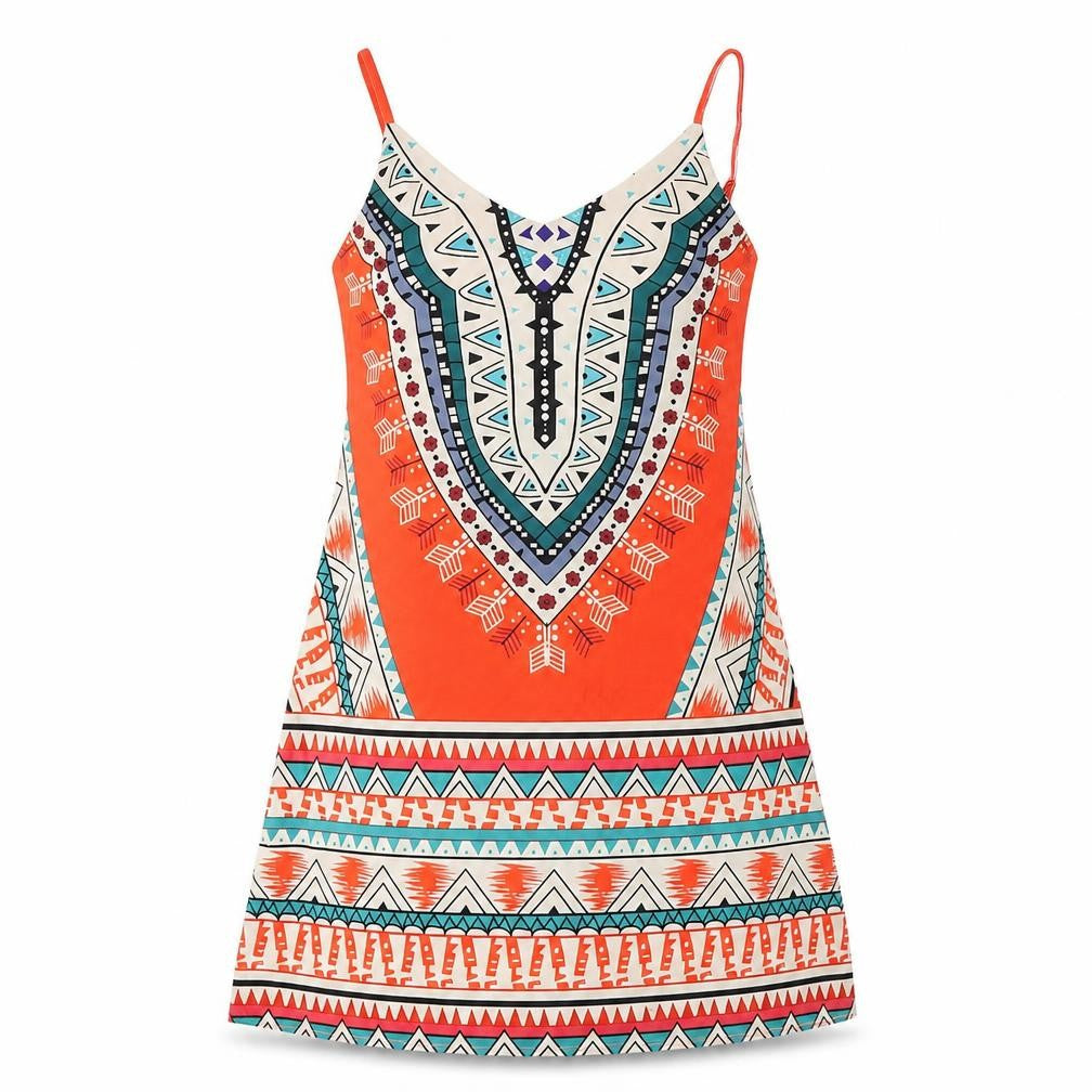 Front view of Zanzea women’s multicoloured geometric polyester tank dress, size UK 8, v-neck pullover