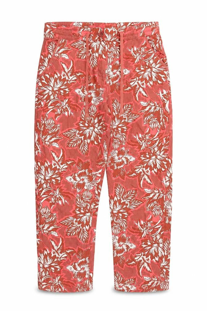 Front view of Next women’s red floral viscose trousers, size UK 10, regular tie