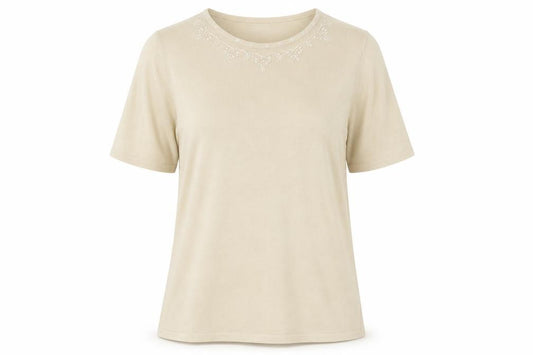 Front view of BHS women’s beige round neck acrylic jumper, size UK 18