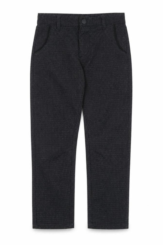 Front view of Undeniable Dudes boys’ grey check polyester chino trousers, size 6, years regular zip
