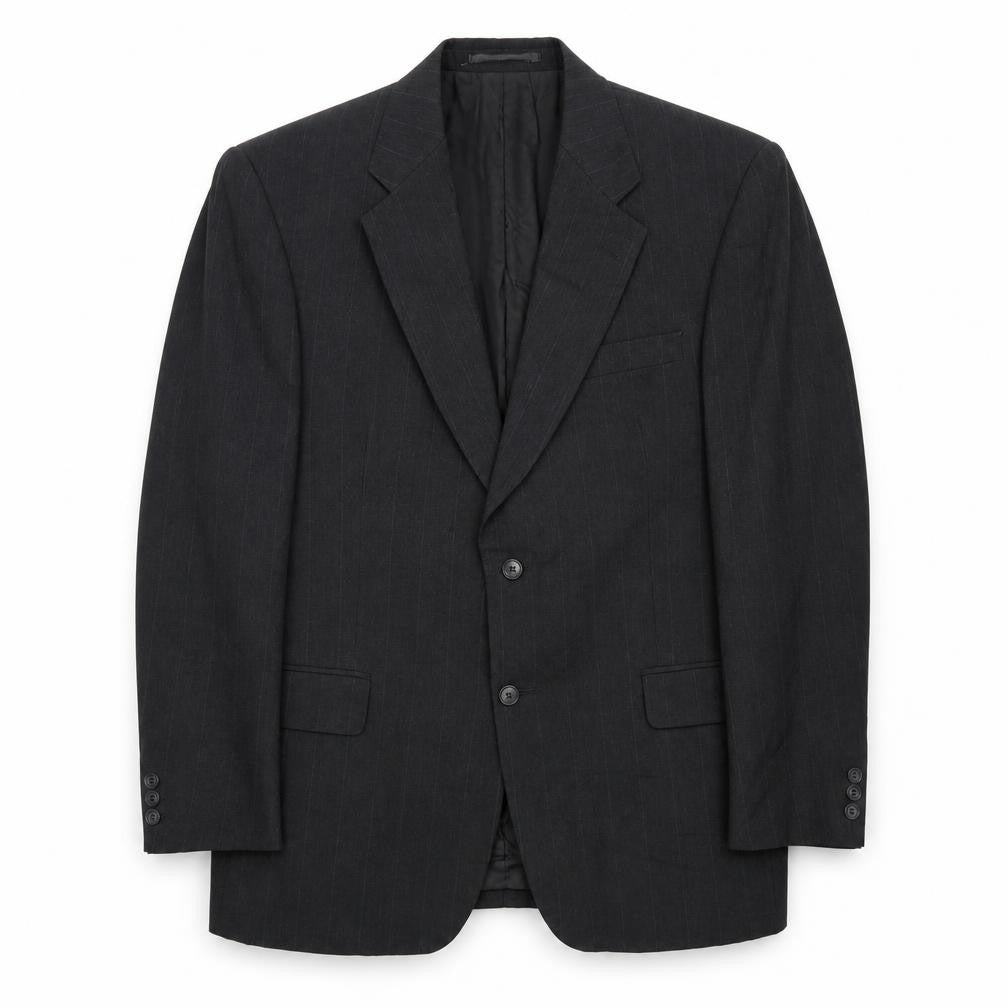 Front view of Brook Taverner men’s grey striped polyester jacket suit jacket, size 42, regular