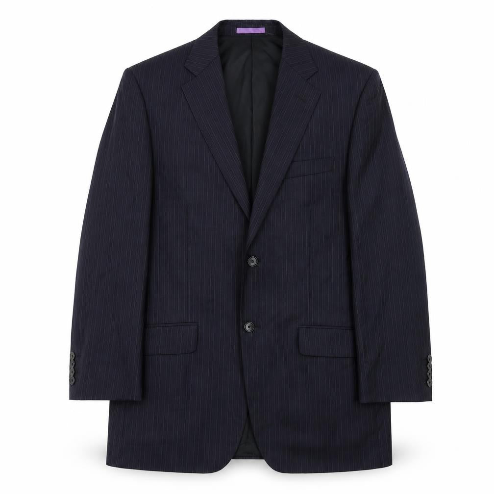 Front view of French Eye men’s blue striped wool jacket suit jacket, size 42, regular