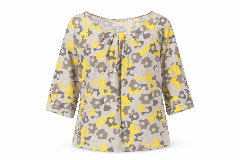 Front view of Intown women’s grey floral cotton basic blouse, size S, round neck