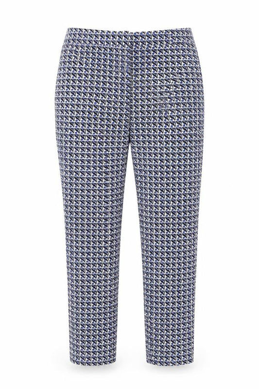 Front view of Dalia women’s blue geometric polyester chino trousers, size UK 30, in regular hook & eye